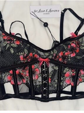 For Love And Lemons Black Bra with Pink Floral Embroidery